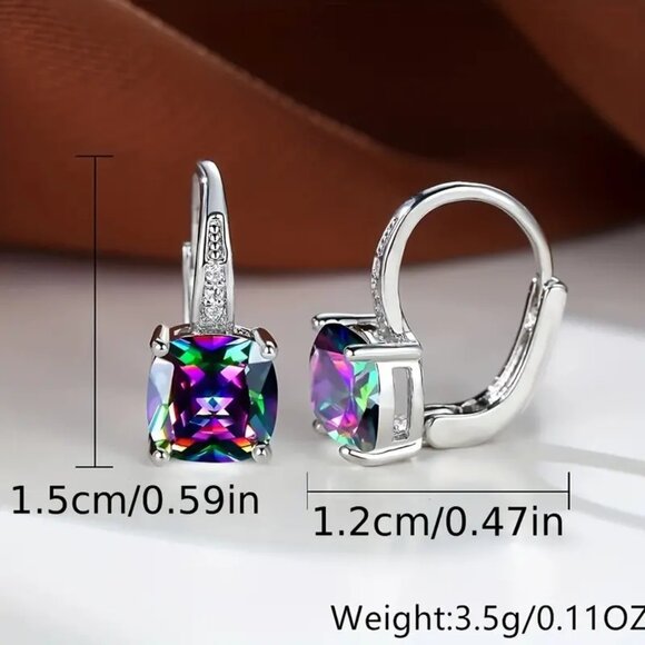 Vibrant Mystic Rose Gold Square Rainbow Color Zircon Earrings - Picture 3 of 5